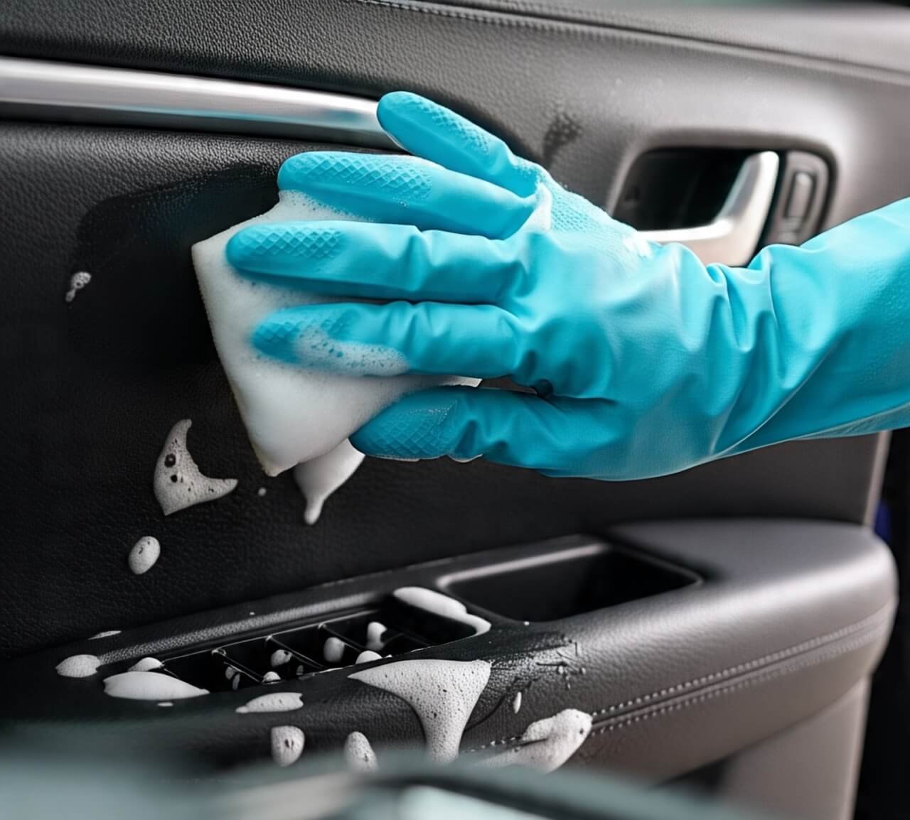 limpieza interior de auto con esponja y espuma en cali