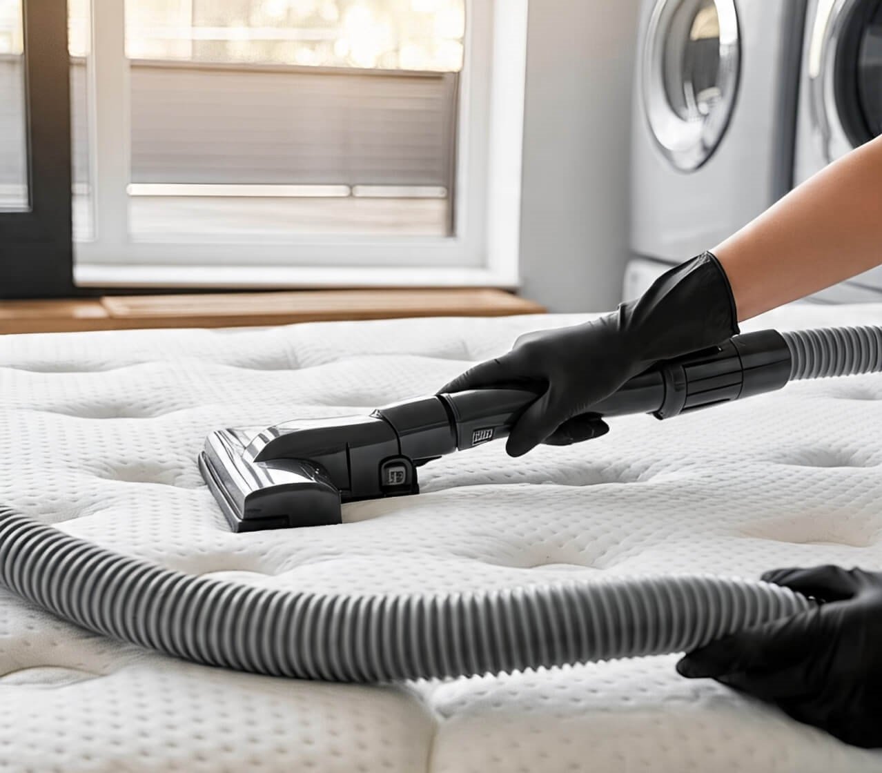 Servicio de limpieza profesional de colchones en Cali. En esta imagen se muestra el aspirado de un colchón ubicado en un área de lavado con puerta hacia el patio, realizado por Lavandería La Especial.