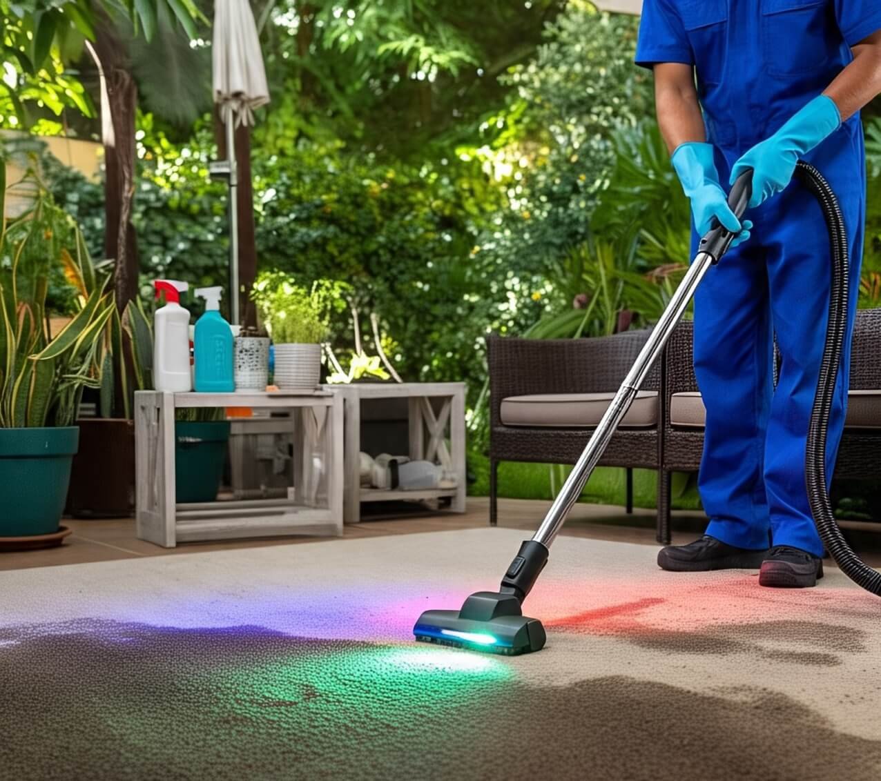 lavado y aspirado de alfombra con productos de limpieza de fondo un pequeño jardín